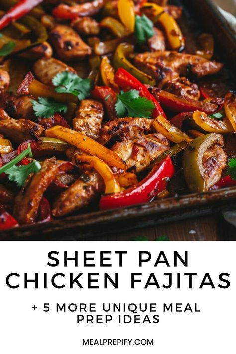 A sheet pan filled with chicken fajitas and colorful bell peppers as meal prep ideas for busy professionals. Meal Prep For The Week Sheet Pan, Chicken Food Prep Recipes, 5 Serving Meal Prep, Food Prep Dinner Ideas, Healthy Meal Prep Meals For The Week, Meal Plan Prep For The Week, Make Ahead Chicken Fajitas, Prep Meals Ideas, Cheap Dinner Meal Prep