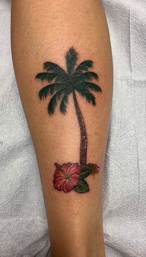 Palm Tree With Flowers Tattoo, Hibiscus And Palm Tree Tattoo, Palm Tree With Hibiscus Tattoo, Palm Tree Hibiscus Tattoo, Palm Tree And Flower Tattoo, Tree And Flower Tattoo, Cat Tatoos, Trip Tattoo, Palm Tree Tattoos