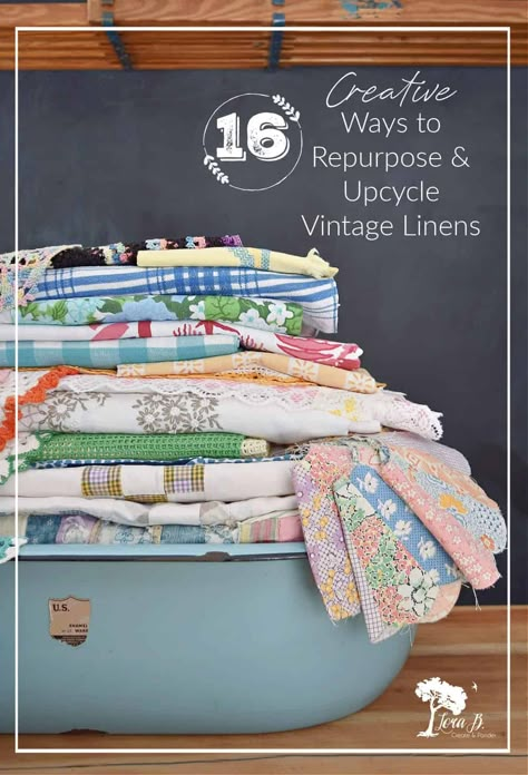 What can you do with old linens? Here are 16 fun ways to repurpose and upcycle vintage linens. #repurposed #upcycled #oldfabric #vintagelinens #DIY #crafting #making Repurpose Vintage Handkerchiefs, Things To Make With Vintage Linens, Quilt From Vintage Linens, Vintage Fabric Crafts Diy Projects, Vintage Linen Projects, Displaying Vintage Tablecloths, Repurposing Vintage Linens, Vintage Upcycle Diy Projects, Uses For Old Quilts Ideas