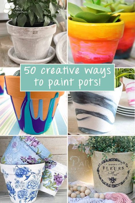 50 great painting clay pots ideas. Fun projects to make and perfect for kids too. Come get inspired to decorate your plain pots! #artsyprettyplants #easycrafts #paintingcrafts #paintingideas #gardencrafts #gardendecor Painted Plant Pot Ideas, Flower Pot Painting Ideas Simple, Clay Pot Painting Ideas Indian, Painting Planters Pots Ideas, Painting Flower Pots Ideas Simple, Painted Flower Pots Diy, Painting Ceramic Pots, Painted Terracotta Pots Ideas, Painted Clay Pots Ideas