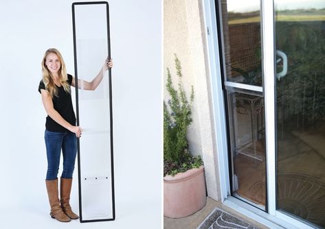 Pet door for sliding glass doors.  easy installation - no tools required.  Kickstarter Dog Inventions, Sliding Glass Dog Door, Diy Dollar Store Shelf, Patio Dog Door, Apartment Organization Diy, Apartment Pet, Apartment Dogs, Apartment Hacks, Apartment Decorating Living