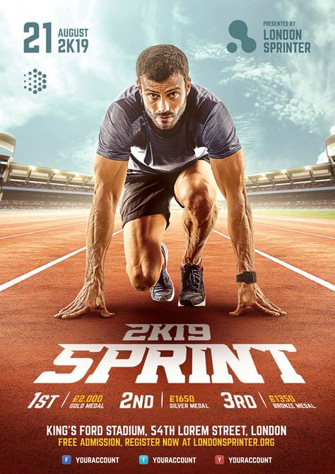 Sprint Run Flyer Template on Behance Sports Ad Design, Running Design Graphic, Sport Poster Design Inspiration, Run Poster Design, Running Poster Design, Running Graphic Design, Run Graphic Design, Gym Graphic Design, Gym Poster Design