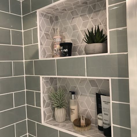 Recessed Bathroom Shelves, Shelves Decoration, Recessed Shelves, Shelf Decor Bedroom, Bad Inspiration, Decorating Shelves, Upstairs Bathrooms, Shower Shelves, Bathroom Redo