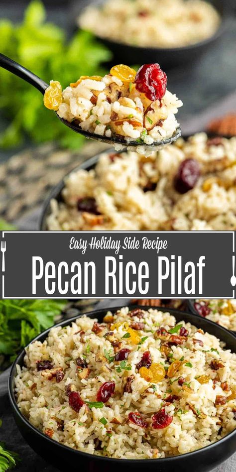 This Pecan Rice Pilaf recipe is an easy Thanksgiving side dish made with flavorful rice and buttery toasted pecans. A simple rice pilaf recipe for fall. This is an easy side dish for busy weeknights or a simple addition to Thanksgiving dinner. Pecan Rice, Holiday Dinner Sides, Broth Rice, Easy Rice Pilaf, Nuts And Dried Fruit, Easy Holiday Side Dishes, Flavorful Rice, Rice Pilaf Recipe, Pilaf Recipe