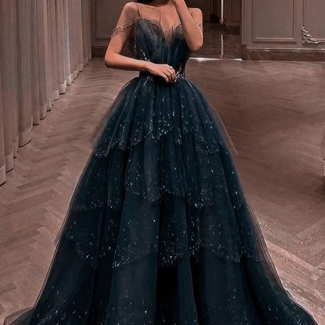 Navy Blue Dress Ball Gown, Bookish Prom Dress, Emerland Green Dress Prom, Masquerade Dresses Long, Flowy Long Dress Gowns, Navy Blue Ballroom Dress, Ravenclaw Aesthetic Dress, Fantasy Themed Prom Dress, Navy Princess Dress