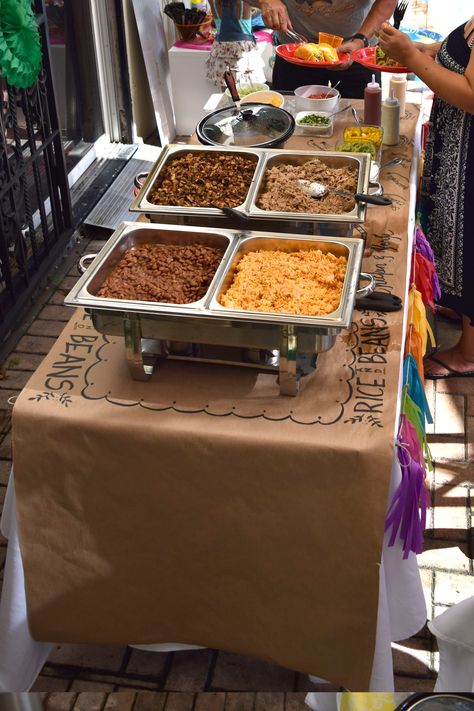 Fiesta themed party, taco bar, kraft paper table runner, handwritten food labels Taco Bar Set Up Ideas Wedding, Simple Party Menu Ideas, Taco Table Party Ideas Nacho Bar, Taco Bar Decor, Taco Bar Engagement Party, Sweet 16 Taco Bar Party Ideas, Chipotle Party Bar, Taco And Fajita Bar Wedding, Easy Taco Bar For Party