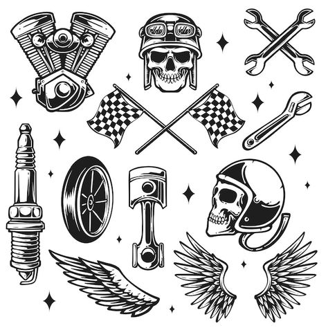 Retro motorcycle parts vector illustrati... | Premium Vector #Freepik #vector #skull-motorcycle #motorcycle-club #motor-club #vintage-motorcycle Biker Logo Design, Biker Logo, Motorcycle Tattoos, Bike Tattoos, Motorcycle Illustration, Retro Motorcycle, Motorcycle Clubs, Vintage Motorcycle, Flash Tattoo