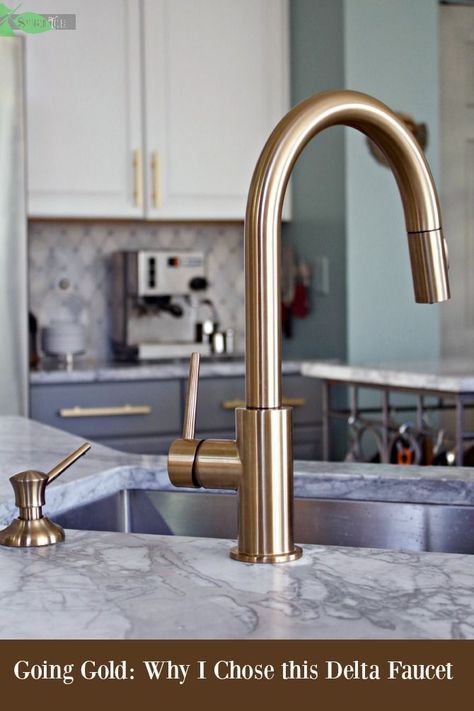 Delta Gold Trinsic Kitchen Faucet, Chic and Super Functional in Champagne Bronze Champagne Bronze Kitchen Faucet, Champagne Bronze Kitchen, Delta Champagne Bronze, Gray Flooring, Bronze Kitchen Faucet, Gold Kitchen Faucet, Best Kitchen Faucets, Gold Faucet, Bronze Kitchen