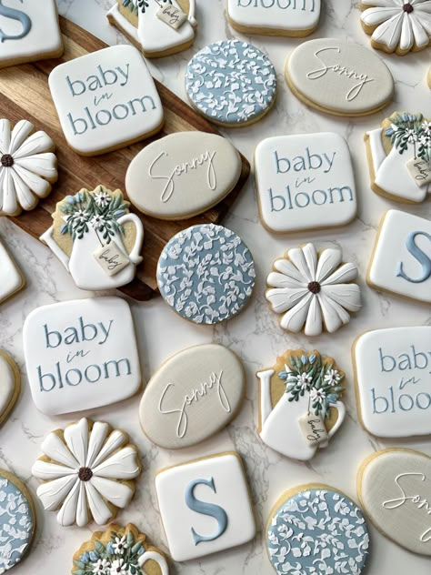 Baby Boy Spring Baby Shower Ideas, Baby In Bloom Baby Boy Shower Theme, Romantic Baby Shower Ideas, Blue Flowers Baby Shower Theme, Baby Shower Themes For Boys Spring, Baby In Bloom Cake Boy, Blue Tea Party Baby Shower Ideas, White And Blue Baby Shower Ideas, Baby In Bloom Boy Baby Shower Theme