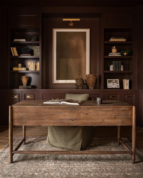 dark-and-moody-home-office-2 Parlor Office Room Ideas, Craftsman Style Home Office, Built In Shelves Office Decor, Brown Shelves Living Room, Dark Brown Office Desk, Wood Built Ins Office, Office Brown Aesthetic, Taupe Office Built Ins, Office With Computer Monitors