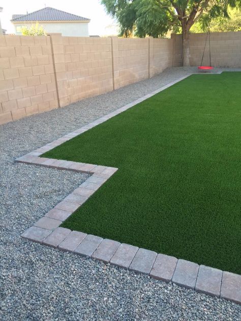 Grass And Rock Landscaping Backyards, Backyard Fence Border Landscaping, Grass Borders Ideas, Rectangle Backyard Ideas, Turf Backyard, Side Yard Landscaping, Modern Backyard Landscaping, Backyard Renovations, Patio Garden Design