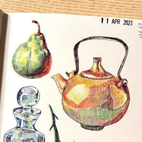 Pen Still Life Drawing, Still Life To Draw, Pen And Colored Pencil Art, Colored Pen Drawing, Colorful Pen Art, Gel Pen Sketches, Cool Art Styles To Try, Gel Pen Art Drawings, Red Pen Sketch