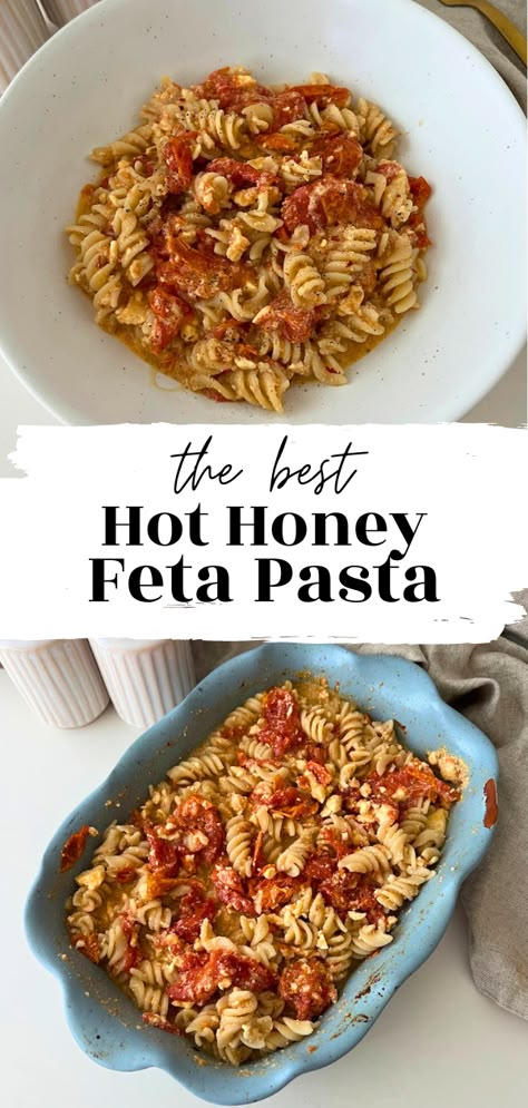 Elevate your dinner game with this gluten-free Hot Honey Baked Feta Pasta recipe! Immerse yourself in the flavors of the viral feta pasta bake that's both delicious and easy to make. This 30-minute dinner will be your new go-to, offering a satisfying and effortless meal prep solution. Get the recipe below! Hot Honey Baked Feta, Hot Honey Pasta, Recipes With Hot Honey, Feta Pizza, Pizza Pasta Casserole, Honey Pizza, Feta Pasta Salad, Quinoa Pasta, Feta Pasta