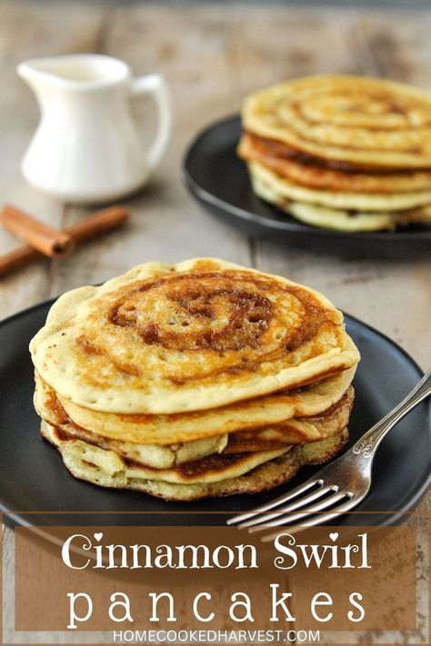 Two plates of cinnamon swirl pancakes. Cinnamon Swirl Pancakes, Cinnamon Roll Pancakes Recipe, Crispy Breakfast Potatoes, Quiche Muffins, Waffle Breakfast, Pancake And Waffle, Easy Pancake, Best Pancake Recipe, Pancakes From Scratch