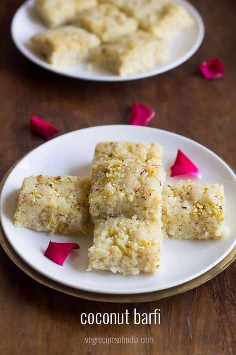 Coconut barfi recipe -  Delicious coconut barfi made from fresh grated coconut, khoya, ghee and milk. Coconut Barfi Recipe, Kalakand Recipe, Coconut Barfi, Coconut Burfi, Desi Desserts, Barfi Recipe, Easy Indian Dessert, Diwali Sweets Recipe, Burfi Recipe