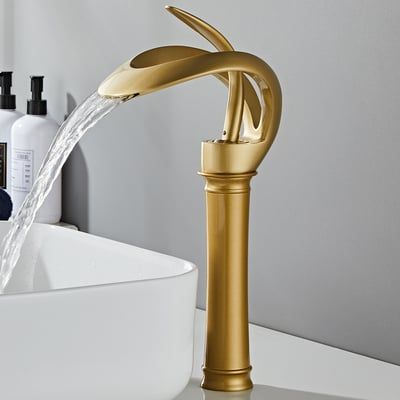 Modern Elegant Waterfall Bathroom Vessel Sink Faucet Single Handle Solid Brass in Chrome Luxury Faucet, Black And Brass Bathroom, Bathroom Sink Faucets Waterfall, Black Bathroom Sink, Gold Bad, Brass Bathroom Faucets, Waterfall Bathroom, Bathroom Faucets Waterfall, Vessel Faucets