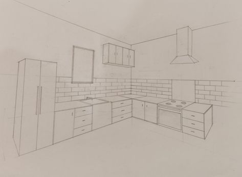 Two point perspective drawing of kitchen Two Point Perspective Kitchen Drawing, Kitchen One Point Perspective, Kitchen Perspective Drawing, Drawing Of Kitchen, Kitchen Perspective, Point Perspective Room, Drawings For School, One Point Perspective Room, Two Point Perspective Drawing