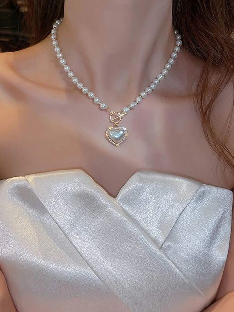 Rhinestone & Faux Pearl Heart Charm OT Buckle Necklace | SHEIN USA Buckle Necklace, Inexpensive Jewelry, Pretty Jewelry Necklaces, Heart Shaped Pendant Necklace, Jewelry Accessories Ideas, Neck Jewellery, Classy Jewelry, Rhinestone Heart, Heart Shape Pendant