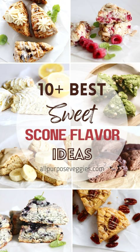 Here's my Ultimate List of Sweet Scone Flavors, for when you're in the mood to explore the many flavors of the delicate tender pastries that make scones such a beloved treat. From the familiar comfort of Cranberry and Lemon to the delightful surprises of Matcha White Chocolate Chip and Carrot Cake, these sweet flavor ideas are sure to have something for everyone! #scone #breakfastideas #breakfasttreats #sconeflavors #sweetscones Grape Scones Recipe, Dessert Scones Recipe, Autumn Scones Recipe, Scone Flavor Combinations, Scone Topping Ideas, Scone Ideas Sweet, Summer Scones Recipe, Christmas Scone Flavors, Types Of Scones