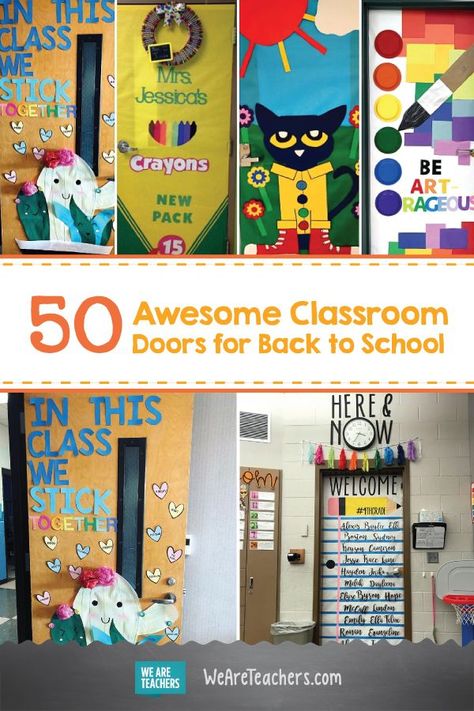 50 Awesome Classroom Doors for Back to School. What better way to welcome your students than these ideas for bright classroom doors. (They make great bulletin boards, too!) #backtoschool #backtoschoolideas #classroomdecor Kindergarten Classroom Door, Preschool Door Decorations, Back To School Door, Welcome To Preschool, Classroom Door Decorations, Teacher Door Decorations, Preschool Door, Kindergarten Bulletin Boards, Bright Classroom