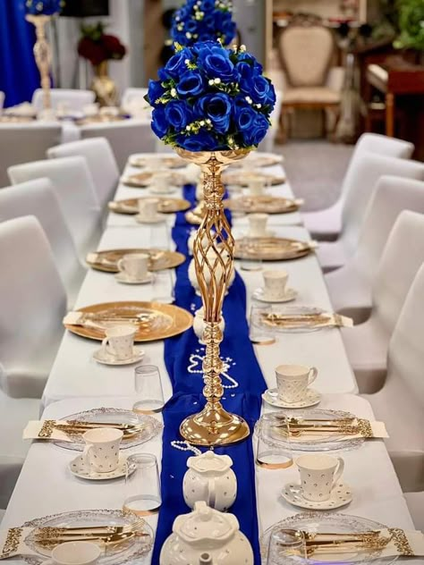 Royal Blue And Gold Quinceanera, Royal Blue Quinceanera Theme, Blue Wedding Theme Centerpieces, Blue Quinceanera Theme, Royal Wedding Themes, Royal Blue Wedding Theme, Royal Blue Quinceanera, Royal Blue Quince, Navy Blue And Gold Wedding