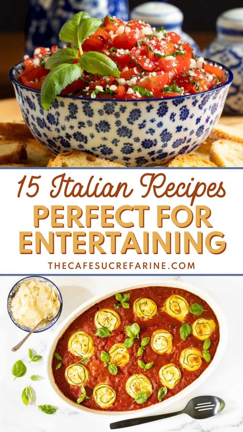 Here are 15 Italian Recipes Perfect for Entertaining in any setting! These recipes are all outrageously delicious, especially when you take into account how easy they are to put together. Guaranteed to please a crowd, these recipes will never let you down, so check out the list and try them out today! Dinner Entertaining Recipes, Italian Food For Large Party, Italian Food To Feed A Crowd, Italian Dinner Main Dishes, Menu For Italian Dinner Party, Italian Make Ahead Recipes, Easy Italian Snacks, Traditional Italian Dishes Healthy, Authentic Italian Appetizers Italy