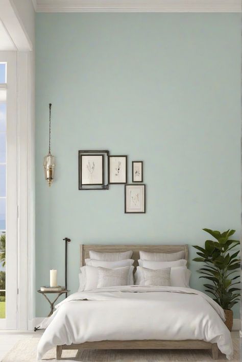 SEASALT wall paint, bedroom design, interior decorating, painting color match, space planning, interior designers, kitchen designs, living room decor Sea Salt Wall Paint Color, Sea Salt Sherwin Williams Bedroom Decor, Sw Sea Salt Bedroom, Sea Salt Bedroom Ideas, Sea Green Bedroom, Sea Green Bedrooms, Light Wall Colors, Painting Ideas For Bedrooms, Teal Painted Walls