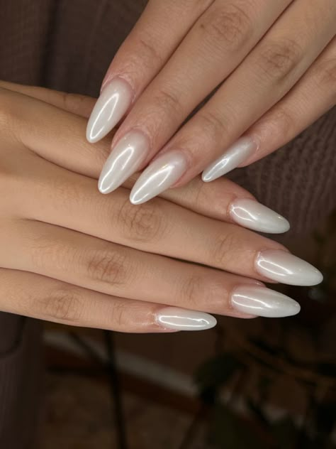 White Glazed Nails Almond, Pearl Milky Nails, Milky White Crome Nails, White Pearlescent Acrylic Nails, Milky White Chrome Nails Almond, Pearl Coffin Nails, Transparent White Nails, White Crome Nails Almond, Milky White Chrome Nails