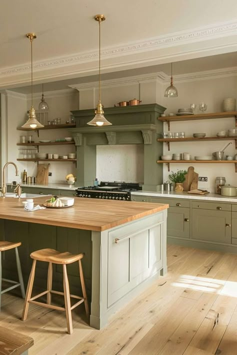 Green Kitchen With Living Room, Green Kitchen Scandinavian, Organic Modern Green Kitchen, Green Living Room And Kitchen, Green Great Room, Kitchen Interior Green, House Interior Green, Green House Interior Ideas, Green Island Kitchen