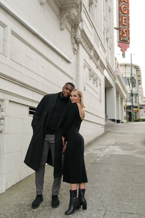 A Stylish Downtown Tacoma Engagement Session — J and L Photography Brooklyn Engagement Shoot, Couples Downtown, Winter Engagement Photos Outfits, Downtown Photoshoot, Couples City, Engagement Shoot Outfit, Engagement Picture Outfits, Photoshoot Outfit Ideas, City Shoot