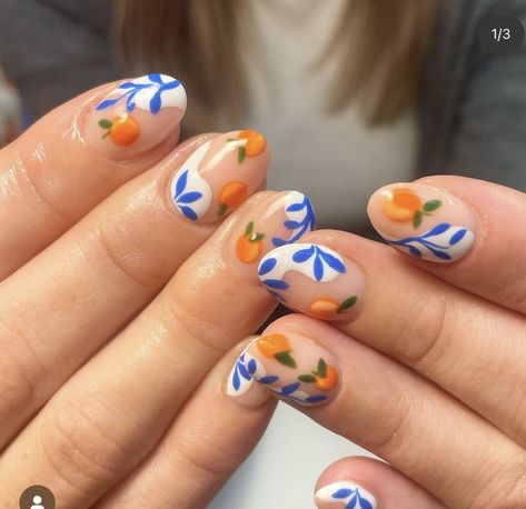 Italy Inspired Nail Art, Summer Nails For Europe, Orange And Lemon Nails, Sicilian Nails, Italian Summer Nails, Italy Inspired Nails, Mediterranean Nails, Portugal Nails, Europe Nails