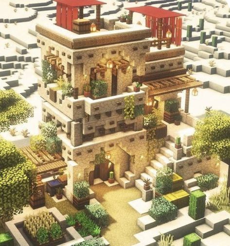 Minecraft Hacienda House, Mc Desert House, Cute Desert House Minecraft, Mincraft Idea Desert, Desert Mansion Minecraft, Minecraft Custom Desert Village, Minecraft Arabic House, Minecraft Sand House Ideas, Minecraft Desert Marketplace