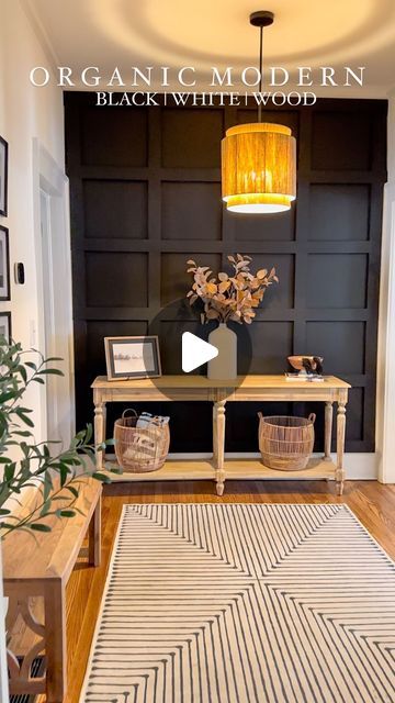 Kerry Johnston || Home DIY & Design on Instagram: "Modern Organic home design with pops of Black, White, & Wood 🖤  This is our second home, that took almost a whole year to renovate and we designed the whole house in a neutral yet bold way with lots of texture and pops of bold- we love spending time here when we can!   What do you think?  #homestyle #homestyling #accentwall #boardandbatten #homefresh #blackaccentwall #homediy #homedesign #neutraldecor #neutralstyle #blackwhiteandwood #diyhome #kitchenviews #diningroomviews #accentwalls #accentwallideas #wallpanelling #entrywaydecor #romanshades #modernorganic #organicmodern #neutralhome #designstyle  #diningroomdecor #kitchenisland #hallwayinspo #hallwaydecor #hallwaydecor" Black White Natural Wood Interior Design, Johnston Designs, Organic Home Design, Home Decor Ideas Black, Boulder House, Modern Organic Home, Black Accent Walls, Organic Home, Home Design Diy