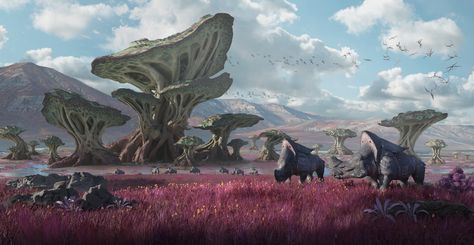 ArtStation - Alien savanna, Raymond Chen Grill Area Ideas, Alien Mushroom, Front Yard Flower Bed, Alien Plants, Garden Seating Area, Sci Fi Landscape, Graphisches Design, Sf Art, Sci Fi Environment