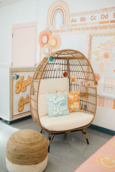 I am crushing on this egg chair as a new spin on a teacher chair that we used at our Good Vibes classroom makeover. It was a fan favorite with the team and the students who walked in the door. Teacher Chairs For Classroom Comfy, Bean Bag Chair In Classroom, Teacher Circle Time Chair, Teacher Chair Comfy, Teacher Reading Chair, Teacher Chair, Egg Chair Walmart, Egg Chair Outdoor Target, Teacher Chairs