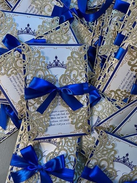 Charro Quinceanera Invitations Blue, Royal Blue And Gold Invitations, Royal Blue Quince Invitations, Royal Blue And Gold Quinceanera Dresses, Royal Blue And Silver Quinceanera, Dark Blue Quinceanera Theme, Royal Blue Quinceanera Decorations, Navy Blue Quinceanera Ideas, Royal Blue Quince Theme