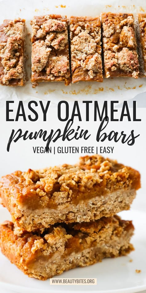 These healthy vegan pumpkin pie bars are an addictive dairy-free gluten-free vegan dessert! This is a great healthy pumpkin recipe that you can enjoy for breakfast as well! Made with oats, pumpkin puree, coconut oil and cinnamon this filling healthy breakfast idea is perfect for weekly vegan meal prep! Vegan Pumpkin Breakfast Bars, Vegan Baked Snacks, Gluten Free Vegan Pumpkin Bars, Healthy Pumpkin Pie Filling Recipes, Whole Food Pumpkin Recipes, Pumpkin Bars Dairy Free, Vegan Gluten Free Pumpkin Pie Bars, Fall Dairy Free Recipes, Healthy Oatmeal Pumpkin Bars