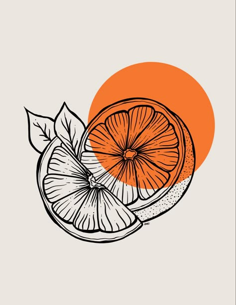 Orange Slice Drawing Simple, Illustration Simple Art, Orange Illustration Art, Simple Orange Drawing, Orange Drawing Simple, Orange Things To Draw, Cute Orange Drawing, Orange Tattoo Black And White, Orange Slice Drawing