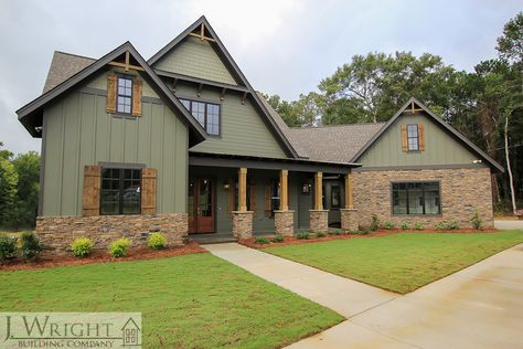 Beautiful custom-built home with nature-inspired colors and materials on Indian Lake in Pelham, AL Sage Green House Exterior, Exterior Cabin, Cabin Colors, Sage Green House, Green House Exterior, Cabin Exterior, Exterior Paint Colors For House, Casa Container, Exterior Remodel