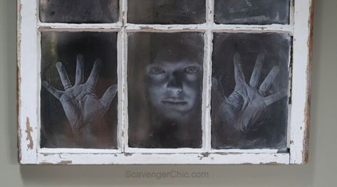 I've used vintage windows for decorating before but this is the first time for my Halloween decor. What's creepier than a face peering at you in the window. Mirror Effect Spray Paint, Cheesecloth Ghost, Floating Ghosts, Dark Outside, Window Poster, Fall Decor Dollar Tree, Casa Halloween, Glass Picture Frames, Creepy Halloween Decorations