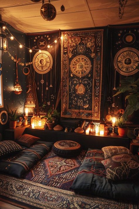 29 Dark Academia Decor Ideas to Enrich Your Home with Scholarly Charm 26 Floor Meditation Space, Spiritual Decor Ideas Home Living Room, Witchy Lighting, Meditation Set Up, Dark Fantasy Decor, Witchy Office Space, Dark Yoga Room, Mystical Room Decor, Dark Room With Candles