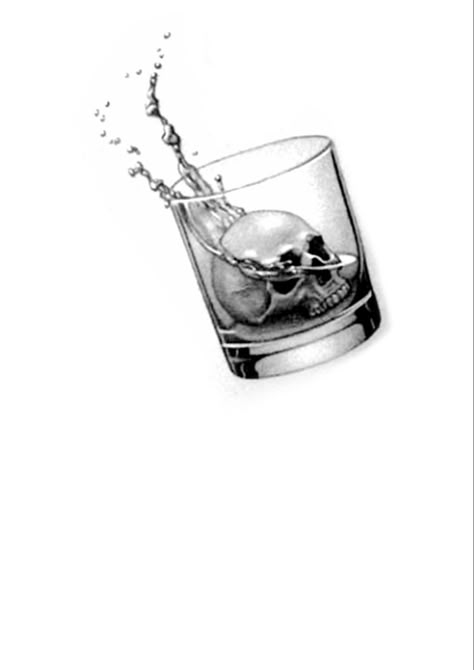 Skull In Whiskey Glass Tattoo, Skull Glass Tattoo, Alcoholic Drawing, Alcoholic Tattoo Ideas, Shot Glass Tattoo, Whiskey Glass Tattoo, Skull Sleeve Tattoos, Funky Tattoos, Lion Head Tattoos