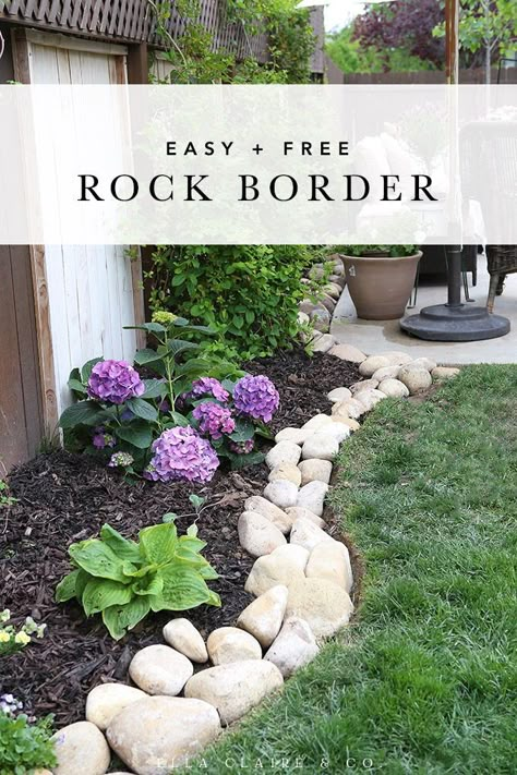 This beautiful river rock border is a cheap/free and easy way to add beauty and distinction to your planter beds or garden. Follow these tips for the most gorgeous and inexpensive planter trim. Aesthetic Cabinets, River Rock Border, River Rock Planter, Home Landscaping Ideas, Rock Planters, Planter Beds, Rock Border, Rock Garden Landscaping, Entertaining Friends