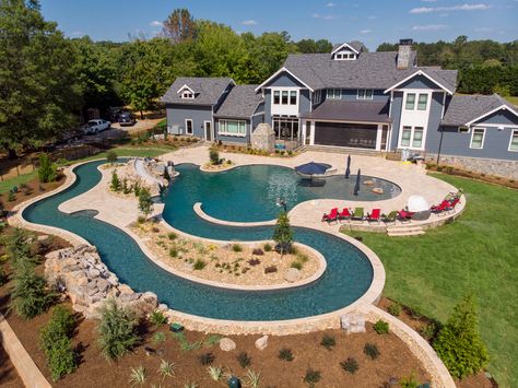 Awesome Pool Designs, Walk In Pools Ideas, Landscaped Front Of House, Swimming Pool With Lazy River, Pool Lazy River Backyard, Lazy Pool Backyard, Pool Landscaping Design, Dream Pools With Lazy River, Pool With Lazy River Backyard