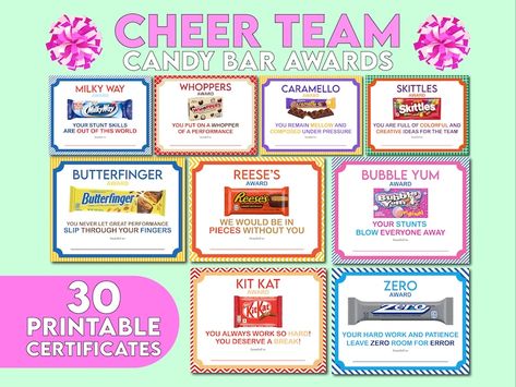 Candy Awards, Candy Bar Awards, Candy Bar Gifts, Funny Awards, Fun Awards, Cheer Banquet, Youth Cheer, Award Ideas, Cheer Party