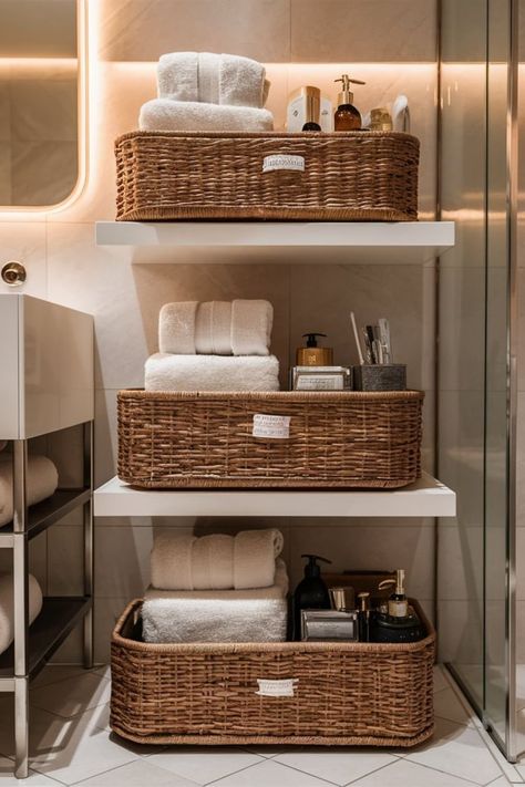 25 Bathroom Storage Ideas [Within Budget] – craftydiyers.com Shelf With Baskets Bathroom, Home Bathroom Organization, Small Bathroom Product Organization, Bathroom Organization Open Shelves, Bathroom Open Shelving Organization, Bathroom Shelves And Storage, Bathroom Cleaning Storage, Bamboo Shelves Bathroom, Bathroom Storage Open Shelving