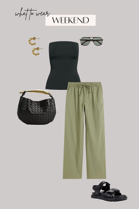 weekend ootd, linen pants outfit, tube top, green pants outfit, gold hoop earrings, city outfit, chicago outfit, fashion style inspo, coffee run, brunch outfit, aritzia, bottega, relaxed beach pant Green Linen Pants, Green Pants Outfit, Bottega Bag, Chicago Outfit, Linen Pants Outfit, Twisted Hoop Earrings, City Outfits, Hoop Earrings Gold, Gold Gifts