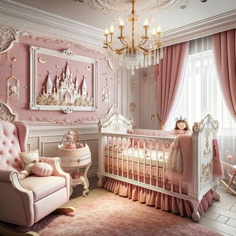 Disney Princess Nursery Ideas, Grandma Furniture, Elegant Baby Nursery, Princess Nursery Theme, Princess Kids Room, Pink Nursery Room, Soft Pink Color Palette, Girls Princess Room, Pink Baby Room