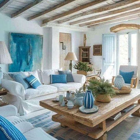 Mediterranean Style Interior, Greek Style Home, Mediterranean Style Living Room, Living Room Mediterranean, Mediterranean Living Rooms, Mediterranean Living Room, Apartment Simple, Mediterranean Interior Design, Beach Living Room