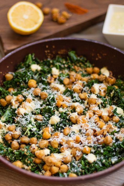 Shredded Kale Recipes, Kale Chick Pea Salad, Spicy Kale Caesar Salad, Kale And Couscous Recipes, Kale Salad With Chickpeas, Hot Kale Recipes, Caro Chambers Recipes, Crispy Chickpeas Salad, Kale Pasta Caesar Salad